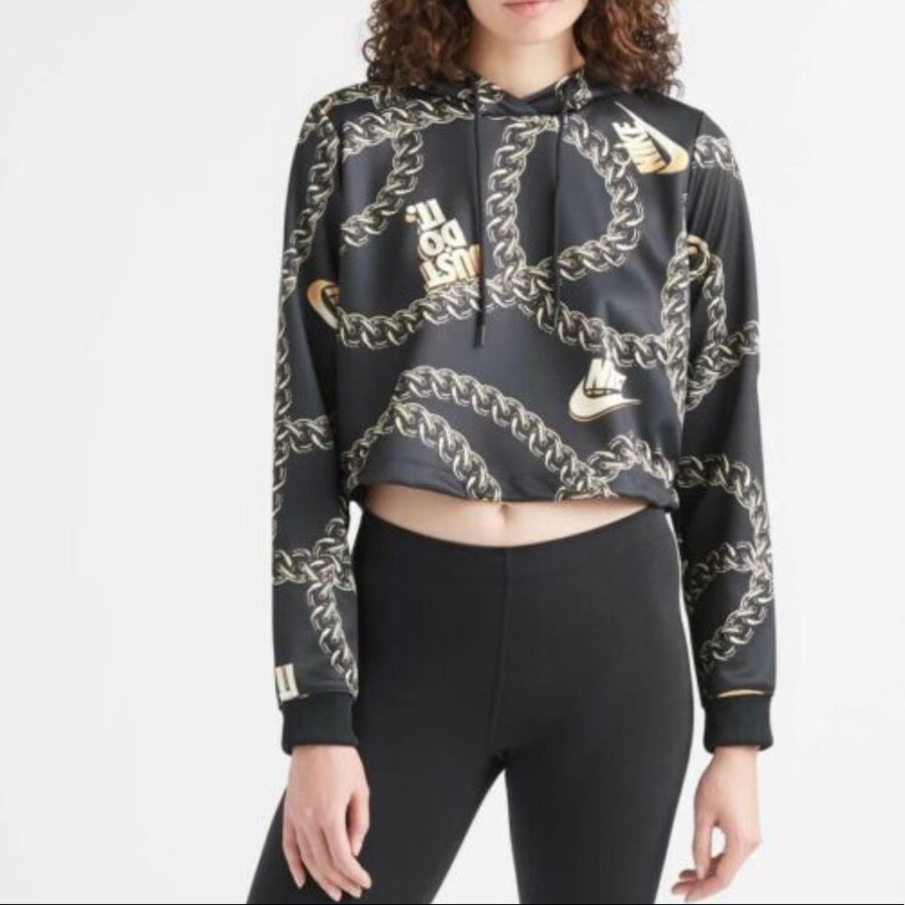 Nike Black Cropped Hoodie with Gold Chain Print